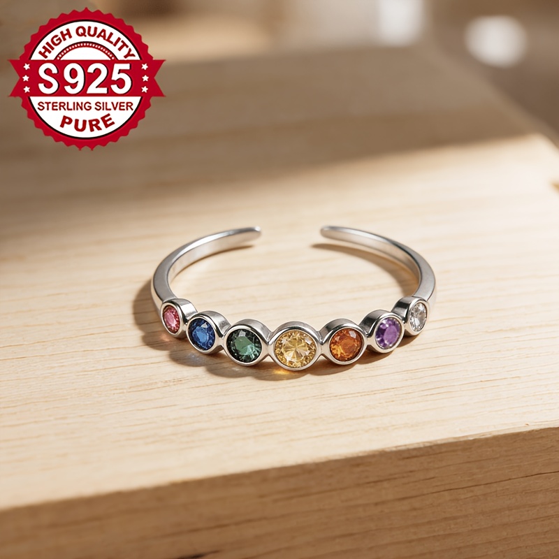 Women's S925 Silver Rainbow Synthetic Zirconia Open Ring, Elegant